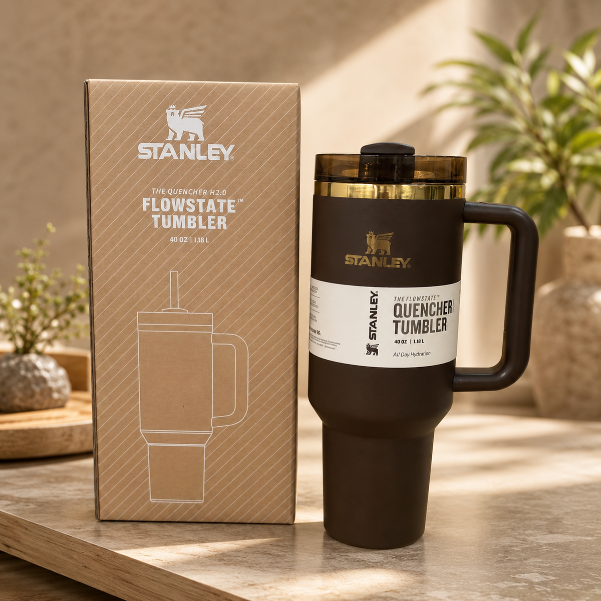 40 oz Black Stainless Steel Travel Tumbler with Handle & Lid – 1.18 L