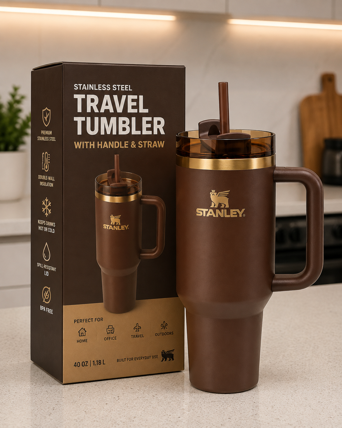 40 oz Brown Insulated Stainless Steel Travel Tumbler with Handle, Straw