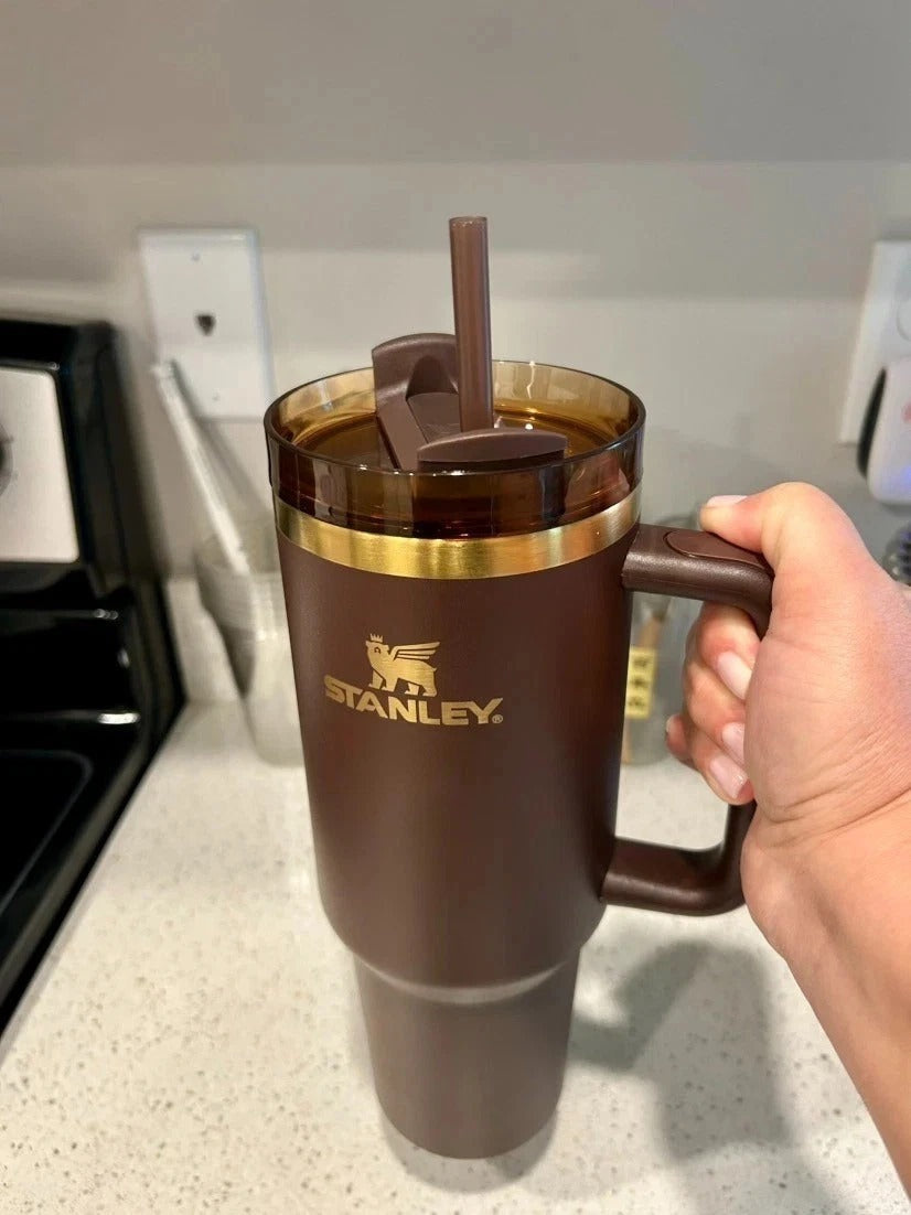 40 oz Brown Insulated Stainless Steel Travel Tumbler with Handle, Straw