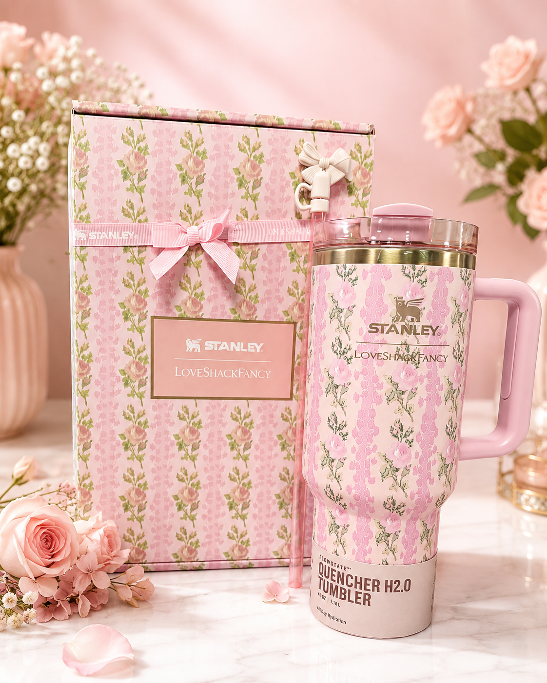 Stanley x LoveShackFancy Quencher H2.0 Tumbler 40 oz – Pink Floral Insulated Travel Cup with Handle, Straw