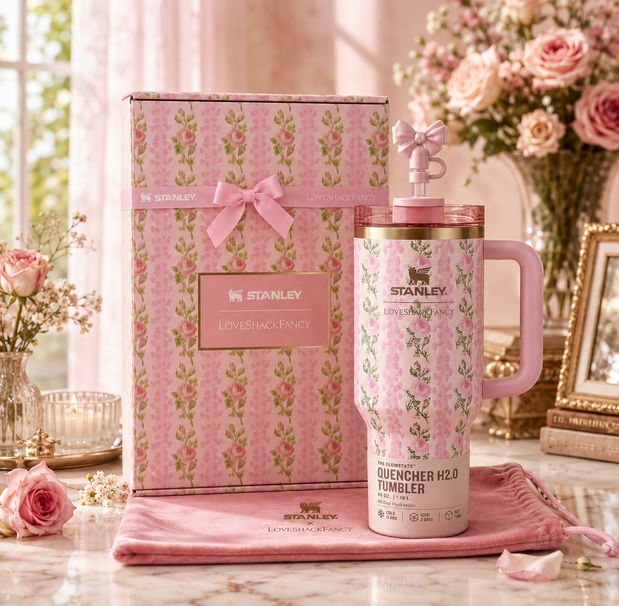 Stanley x LoveShackFancy Quencher H2.0 FlowState Tumbler 40 oz – Coquette Bow Chantilly