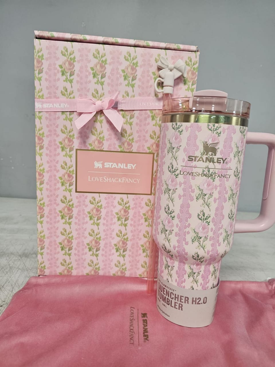 Stanley x LoveShackFancy Quencher H2.0 Tumbler 40 oz – Pink Floral Insulated Travel Cup with Handle, Straw